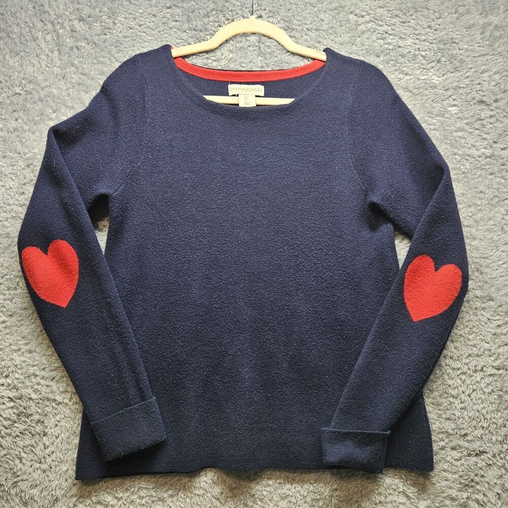 Cynthia Rowley Womens Navy Blue Heart Sweater Size Small Valentines Casual Love